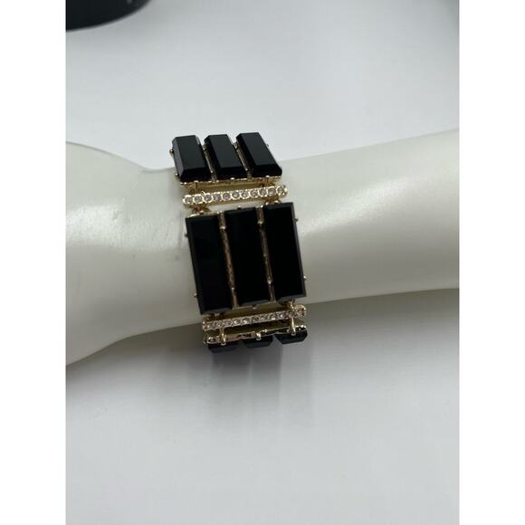 J. CREW Black Triple Row Lucite Rhinestone Brass Statement Bracelet‎ - Picture 6 of 13